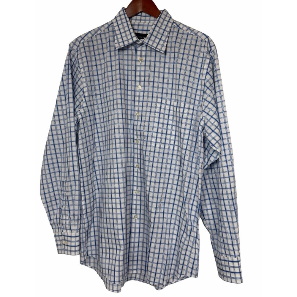 Scott Barber Mens L Blue White Windowpane Check Dress Shirt 100% Cotton‎ Button
